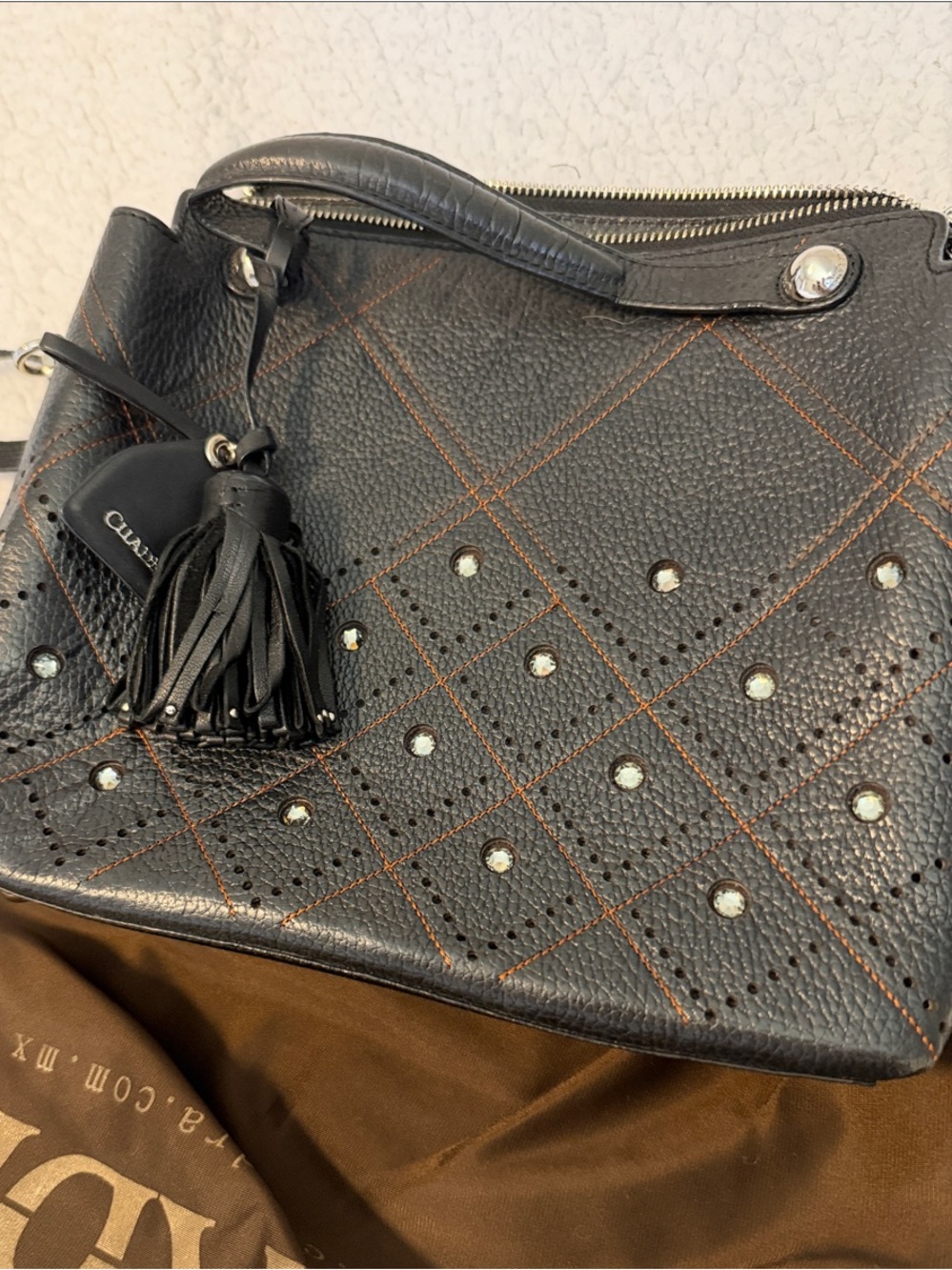 Cuadra Black Quilted Leather Shoulder Bag with Tassel and Crystal Studs
